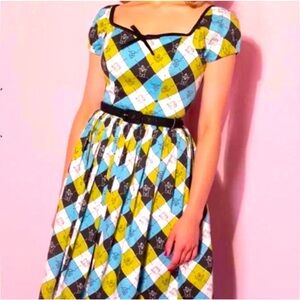NWT Ghostbusters Icons Argyle Plaid Bardot Beauty Swing Dress size Small